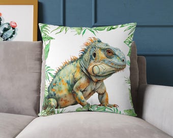 Poduszka z płótna z ilustracją iguany | Poduszka dekoracyjna z tropikalnym gadem, Poduszka do pokoju dziecięcego z iguaną, Dekoracje tropikalne, ExzoticDecor