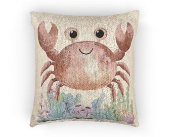Smiling Crab Woven Pillow, Coastal Beach Nautical Pillow, Ocean cushion, Ocean pillow, Beach house decor, beach house pillow, Crab pillow