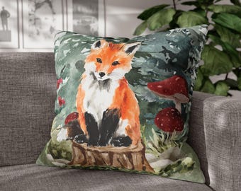Funda de almohada de zorro acuarela/Funda de almohada cuadrada de lona polivinílica, Decoración de animales del bosque, Funda de almohada para guardería de animales