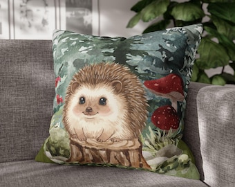 Woodland Hedgehog Pillowcase | Square Poly Canvas Pillow, Cute Hedgehog Nursery Pillowcase, Baby room decor Baby pillow, Garden pillow