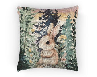 Woodland Bunny Woven Pillow | Rabbit Nursery Throw Pillow, Spring pillow, Easter bunny pillow, Easter decor, Garden Decor, Garden pillow