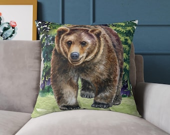 Brown Bear Illustration Square Pillow | Woodland Forest Decor, Woodland Nursery Pillow, Cabin Rustic Pillow, Bear Lodge Decor, Grizzly Bear