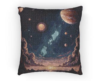Nightscape Woven Pillow | Planet Sky Tapestry Throw Pillow, Surrealistic Throw Pillow