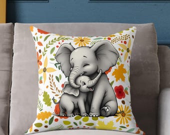 Cute Baby Elephant Pillow Square Poly Canvas Pillow | Floral Nursery Cushion, Mama and Baby Elephant Throw Pillow, Safari room decor