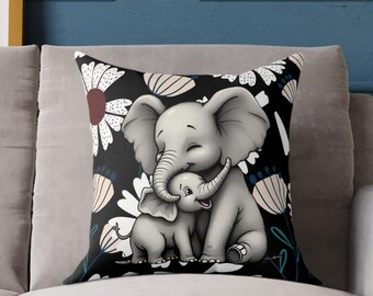 Coussin carré en toile polyester motif éléphant et bébé | Décoration animalière pour chambre d'enfant, noir, style safari