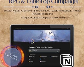 Notion用のカスタマイズ可能なRPGとテーブルトップキャンペーンのデジタルノートと整理テンプレート