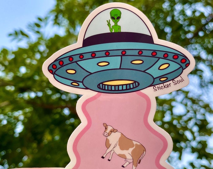 Alien Abducting Cow Vinyl Sticker, Holographic Option, Waterproof, for ...