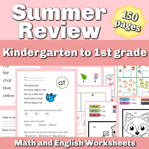 Kindergarten Summer Review Worksheets - Kindergarten to Grade 1 - Reading Comprehension, Math - homeschool