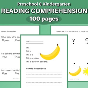 May include: A printable worksheet for preschool and kindergarten students. The worksheet features a banana and asks questions about its color, whether it is a fruit or vegetable, and if it is healthy. The worksheet also includes a section for rewriting a sentence about the banana.