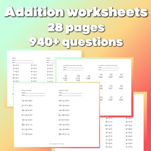 28 Printable Addition Worksheets (940+ questions) Math sheets for kids - First Grade - Second Grade - Homeschool - Math Practice