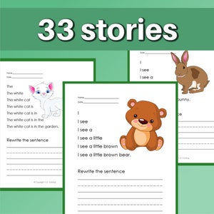 May include: A printable worksheet with three different sections for writing sentences about a white cat, a brown bear, and a brown bunny. Each section includes a picture of the animal and lines for writing.