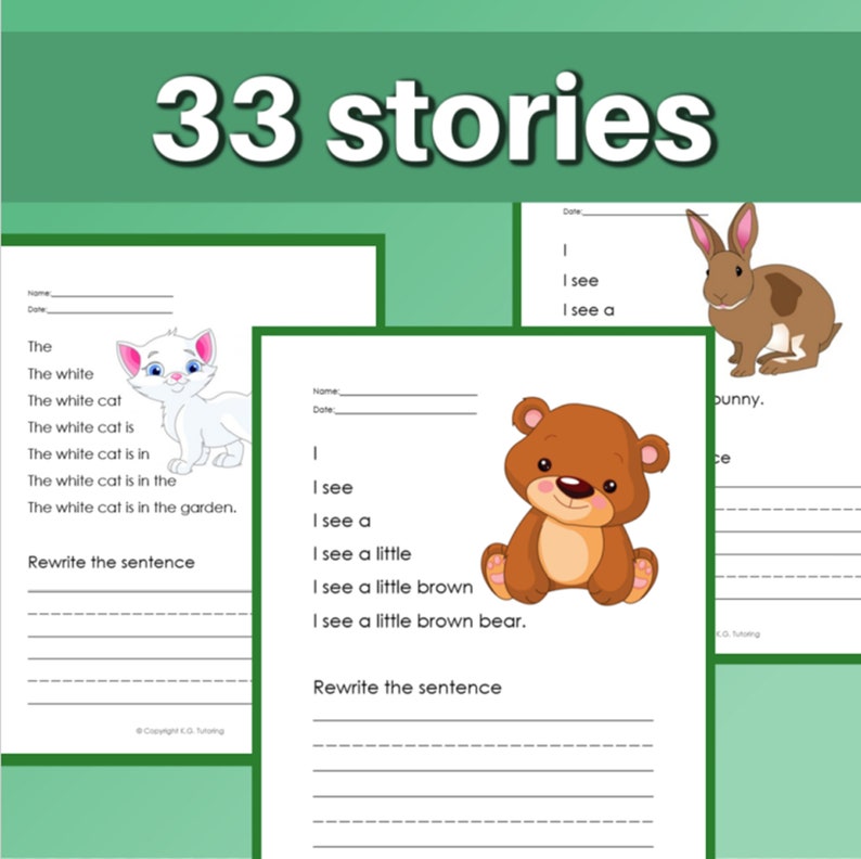 May include: A printable worksheet with three different sections for writing sentences about a white cat, a brown bear, and a brown bunny. Each section includes a picture of the animal and lines for writing.