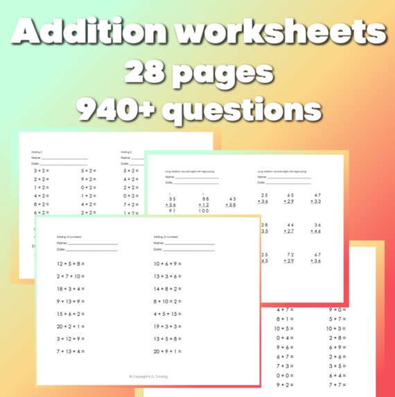 28 Printable Addition Worksheets 940 Questions Math Sheets - Etsy