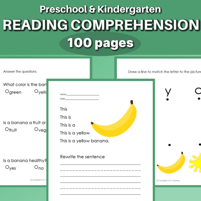 May include: A printable worksheet for preschool and kindergarten students. The worksheet features a banana and asks questions about its color, whether it is a fruit or vegetable, and if it is healthy. The worksheet also includes a section for rewriting a sentence about the banana.