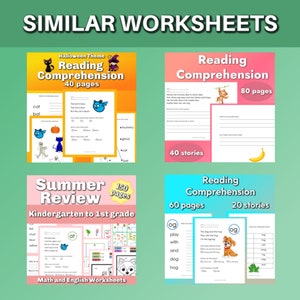 May include: Four printable worksheets for kids. The first worksheet is Halloween themed and features a blue bat, a pumpkin, a skeleton, and a cat. The second worksheet is a summer review for kindergarten and first grade. The third and fourth worksheets are reading comprehension worksheets with a monkey and a dog.