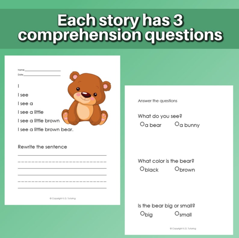 May include: A worksheet with a brown bear illustration and comprehension questions. The text reads: "I see a little brown bear."  The questions ask: "What do you see?", "What color is the bear?", and "Is the bear big or small?"
