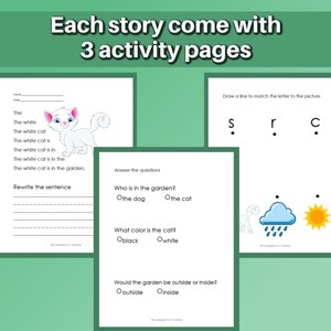 May include: A printable worksheet for kids featuring a white cat in a garden. The worksheet includes a sentence to rewrite, multiple choice questions about the cat and garden, and a letter matching activity.