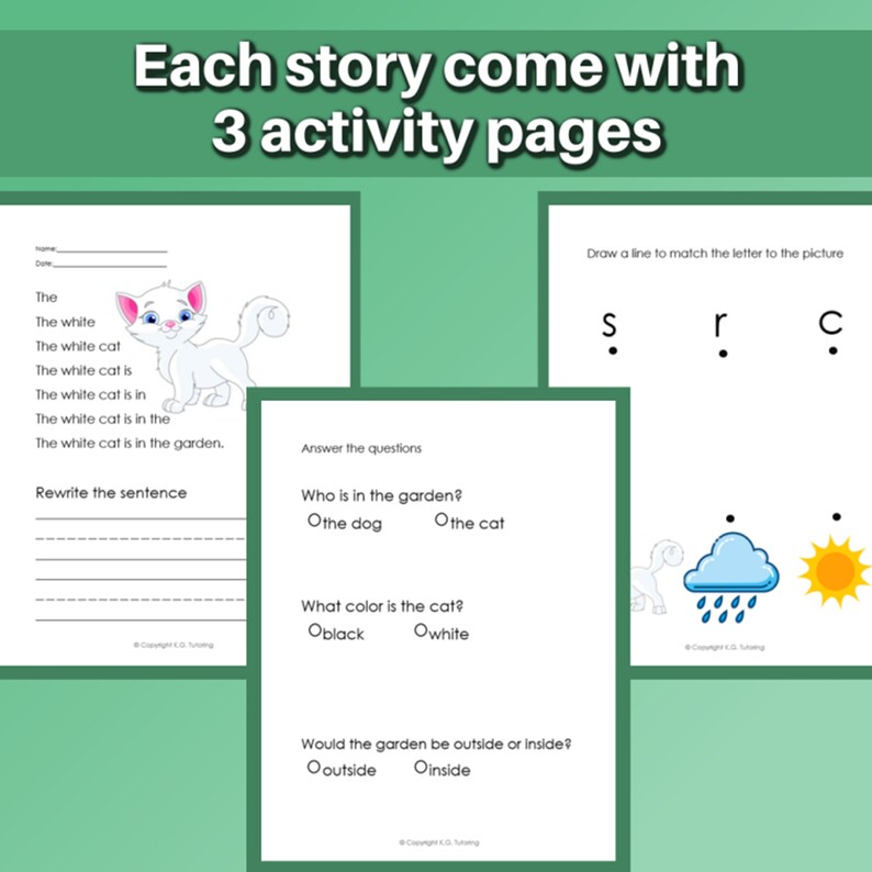 May include: A printable worksheet for kids featuring a white cat in a garden. The worksheet includes a sentence to rewrite, multiple choice questions about the cat and garden, and a letter matching activity.