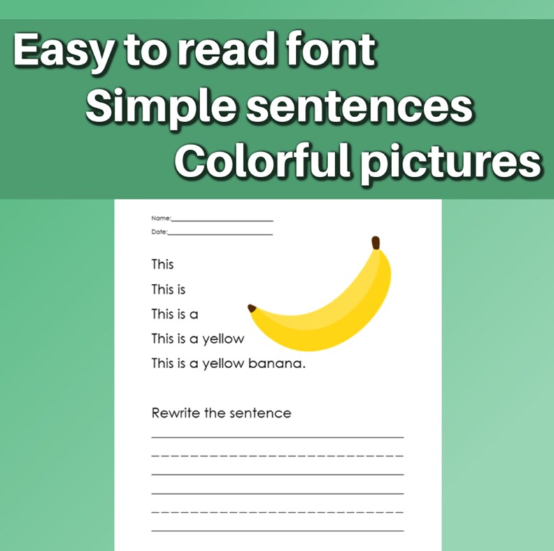 May include: A printable worksheet with a yellow banana illustration. The worksheet includes a sentence completion activity with the text "This is a yellow banana." and a space to rewrite the sentence.