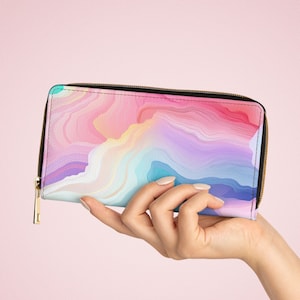Pastel Boho Cartera de mujer Rainbow Zipper Wallet Tie Dye Wallet Multi Card y Multi Pocket Wallet Cartera de cuero sintético Cartera de embrague de ágata