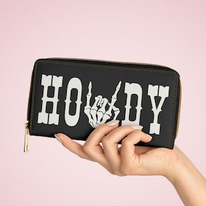 Western Skeleton Hand Cartera de mujer Rock n Roll Howdy Cartera multitarjeta de cuero sintético Cremallera dorada Boho Cartera de moda Media Stuffer Regalo