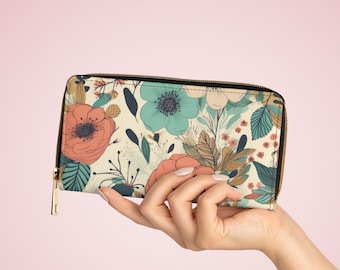 Cartera de flores Cartera Cottagecore Cartera Boho Cartera linda Cartera de cuero vegano Cartera con cremallera alrededor de la cartera Mujeres Lindo relleno de medias para adolescentes