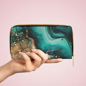 Carteira feminina com zíper ágata turquesa e dourada boho carteira de couro falso carteira multi bolso porta cartão de crédito presente para ela