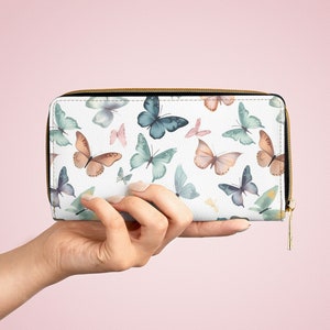 Cartera con cremallera de mariposa de acuarela Cartera de mariposa caprichosa Cartera de mujer boho Cartera de cuero sintético Titular de tarjeta de crédito de múltiples bolsillos