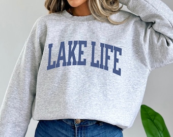 Lake Life Sweatshirt: Trendy College Font Oversized Crewneck