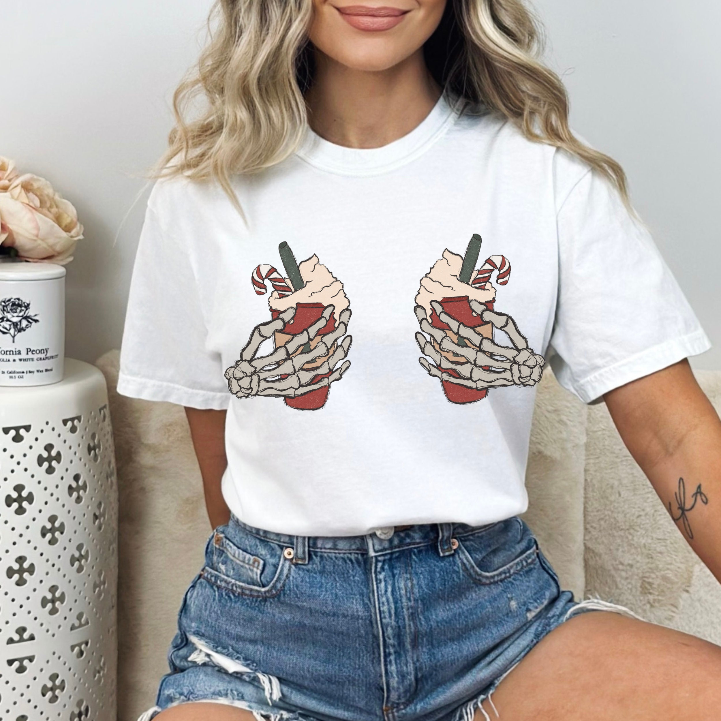 Discover Goblincore Skeleton Hands  Shirt, Christmas Candy Cane Drink Tshirt, Funny Halloween Womens Shirt, Holiday Skeleton Shirt