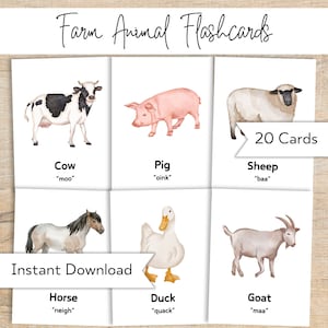 Farm Animal Flashcards - Toddler Preschool Early Learning Resource - Learn Animals & Sounds - Homeschool Printables - Montessori Flashcards
