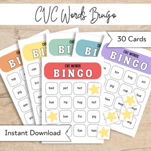 Bingo de palabras CVC - Juego CVC imprimible - Juego de cartas CVC para educación en el hogar y jardín de infantes - Juego de fonética - Juego de ciencia de la lectura - Aprendizaje de vocales cortas