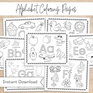 May include: Black and white printable alphabet coloring pages featuring various objects for each letter. The letters are in uppercase and lowercase. The objects include a car, apple, acorn, alligator, airplane, ape, bread, blueberries, balloon, goat, grasshopper, glue, frog, fan, flower, fox, fish, fire, eraser, elephant, and envelope.