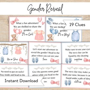 Búsqueda del tesoro de revelación de género - Pistas de búsqueda del tesoro de revelación de género imprimibles - Pistas de rima de niño o niña - Juego de revelación de género
