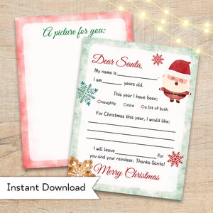 Carta a Papá Noel imprimible - Carta para niños a Papá Noel - Actividad navideña para niños - Descarga instantánea de Navidad