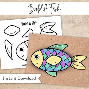 Fischdruckbares Handwerk - Bauen Sie einen Fisch-Sommeraktivität für Kinder - Vorschulfrühling zum ausdrucken - Vorschulaktivitätszentrum - Sommerhandwerk