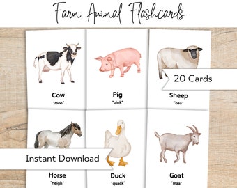 Farm Animal Flashcards - Toddler Preschool Early Learning Resource - Learn Animals & Sounds - Homeschool Printables - Montessori Flashcards
