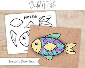 May include: A printable build-a-fish activity for kids. The image shows a color-in fish with scales, a fin, and a tail. The text "Build A Fish" is at the top of the page.