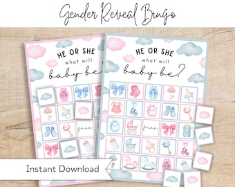 May include: Two gender reveal bingo cards with a blue and pink color scheme. The cards have a variety of baby-related images, including a pacifier, a rattle, a baby carriage, and a pair of baby shoes. The cards also have the text "He or She, what will baby be?" printed on them.