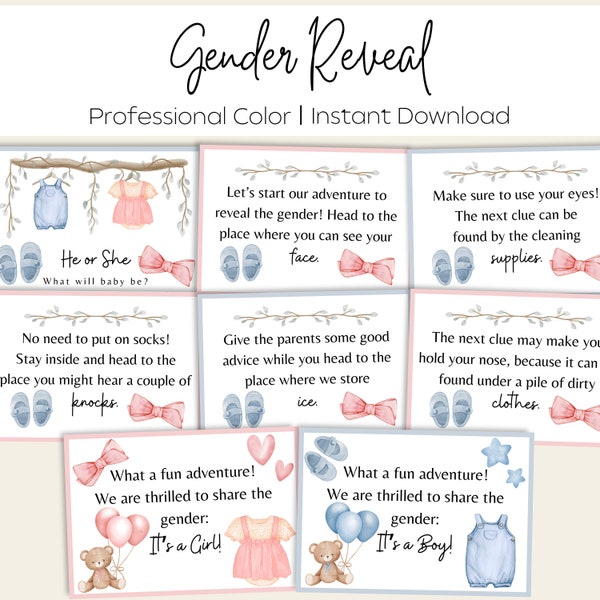 Gender Reveal Scavenger Hunt - Printable Gender Reveal Rhyming Scavenger Hunt Clues - Boy or Girl Rhyming Clues - Gender Reveal Game