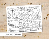 Thanksgiving Activity Page For Kids - Printable Custom Thanksgiving Coloring Placemat - Fall Craft Activity Sheet - Thanksgiving Party Decor