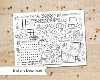 Thanksgiving Activity Page For Kids - Printable Custom Thanksgiving Coloring Placemat - Fall Craft Activity Sheet - Thanksgiving Party Decor