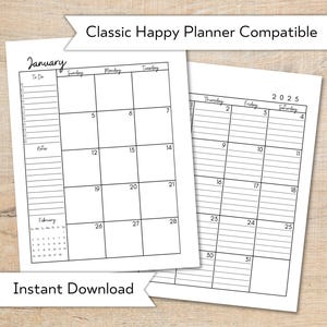 Calendario mensual imprimible Happy Planner 2025 clásico, inserto de planificador con líneas y sin líneas, dos páginas por mes, planificador imprimible para 2025