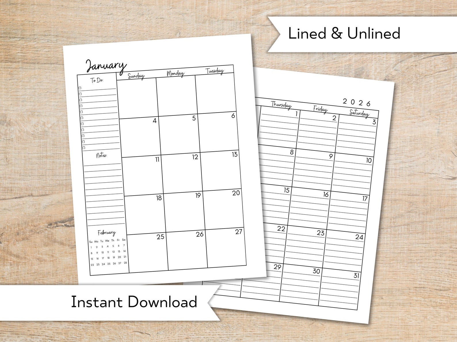 2026 Monthly Calendar Printable: Lined & Unlined Planner (PDF Download
