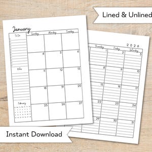 May include: Two printable calendar pages with the text "January" and "2026" are displayed. The calendars are black and white with lined and unlined options. The words "Lined & Unlined" and "Instant Download" are also visible.