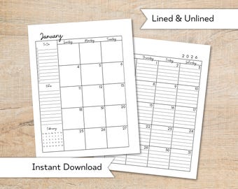 2026 Monthly Calendar Printable: Lined & Unlined Planner (PDF Download)
