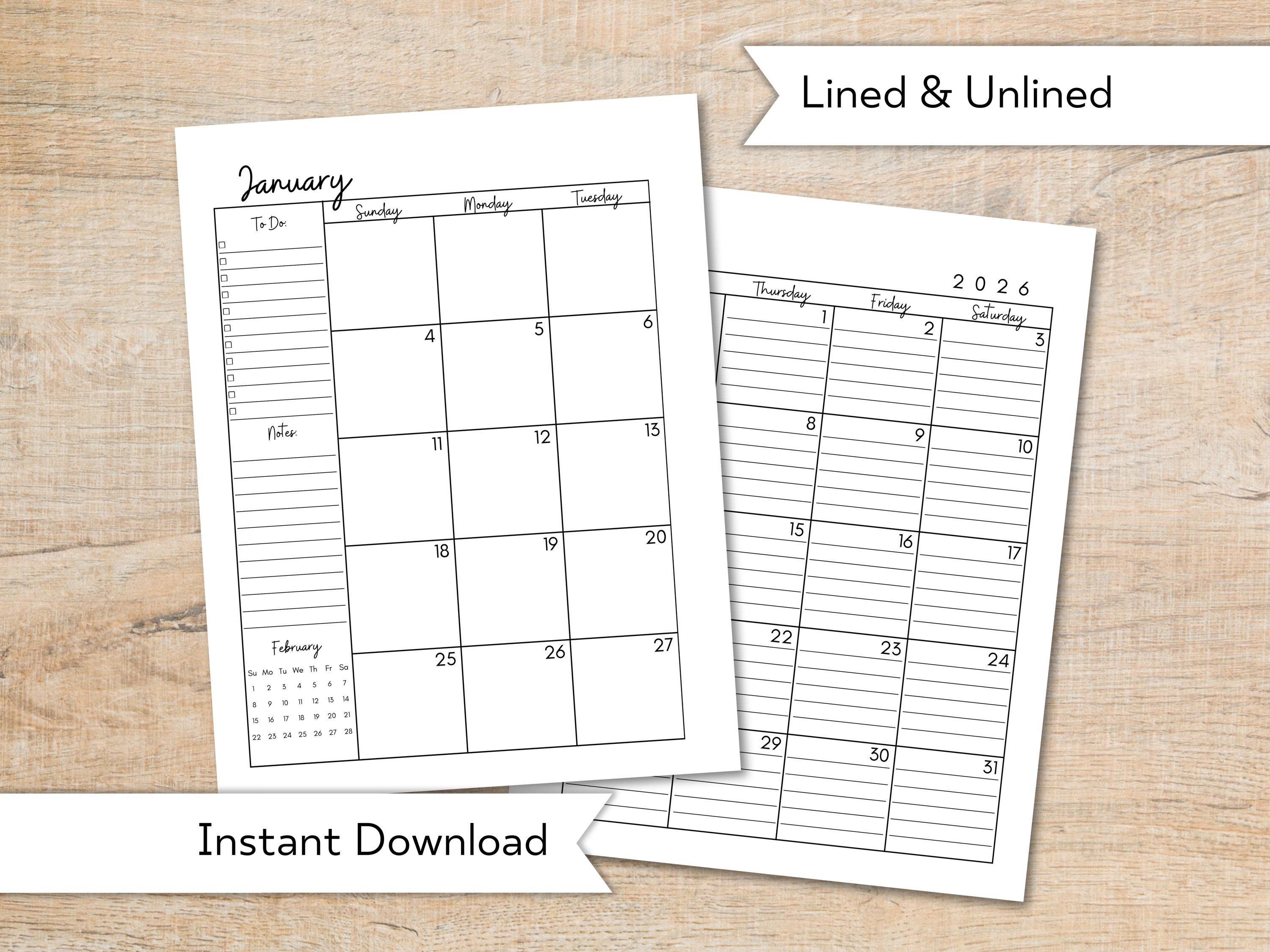 2026 Monthly Calendar Printable: Lined & Unlined Planner (PDF Download ...