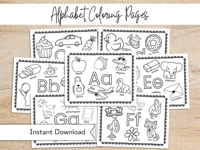 May include: Black and white printable alphabet coloring pages featuring various objects for each letter. The letters are in uppercase and lowercase. The objects include a car, apple, acorn, alligator, airplane, ape, bread, blueberries, balloon, goat, grasshopper, glue, frog, fan, flower, fox, fish, fire, eraser, elephant, and envelope.