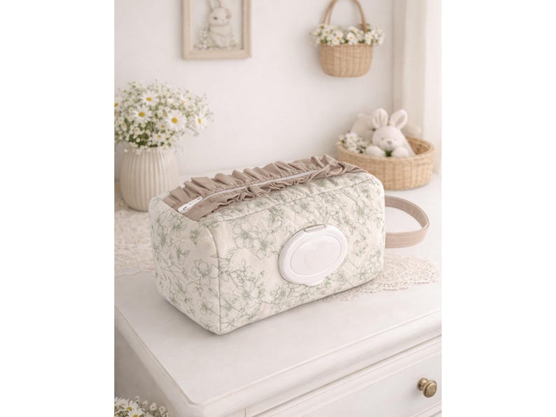 May include: A rectangular quilted fabric pouch featuring a light green floral pattern on an off-white background. The pouch includes a beige ruffled zipper closure, a side handle, and a white plastic flip-top dispenser lid centered on the front.