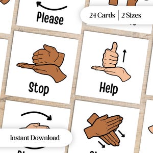 May include: A set of 24 educational cards featuring illustrations of hand signs for American Sign Language. Each white square card displays a hand gesture with black text labels such as Stop, Help, and Please, accompanied by directional arrows indicating movement for each sign.